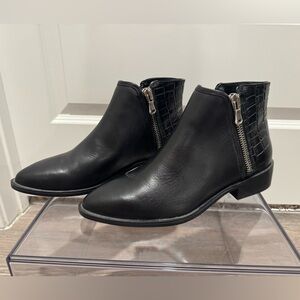 Steven by Steve Madden Hickory Black Leather Almond Toe Zip Croc Booties